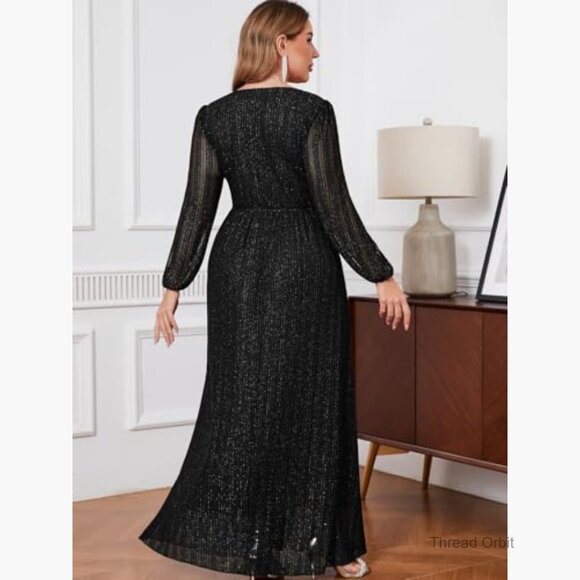 Plus Size Sparkly Lace Formal Maxi Dress V Neck Cocktail Evening Gown - Picture 4 of 7